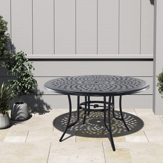 51" Round Cast Aluminum Outdoor Dining Table with Umbrella Hole – Patio Table for Porch & Backyard