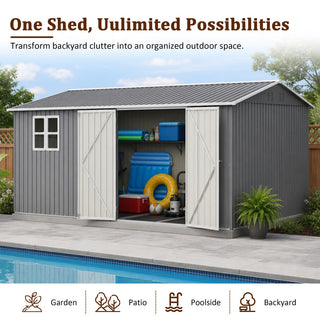 14x10 FT Large Outdoor Metal Storage Shed, 780 Cu. Ft. Garden Tool Shed with Double Doors, Built-In Foundation Frame & Air Vents, Galvanized Steel Sloped Roof for Backyard, Patio & Garden
