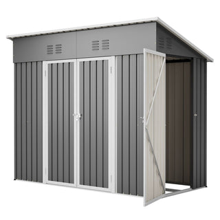 4x8 Sloped Roof Metal Storage Shed with Reinforced Frame, Weatherproof Design, 4 Air Vents, Heavy-Duty Garden Tool Shed with Left/Right Door Option