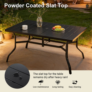 Outdoor Dining Table for 6, Powder-Coated Steel Slat Patio Table with 2.16" Umbrella Hole, Anti-Slip Pads & All-Weather E-Coated Frame for Garden & Poolside