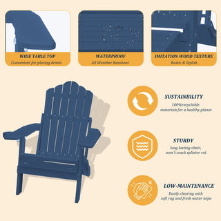 Navy Blue & Black Folding Plastic Adirondack Chair with Pull-Out Ottoman & Cup Holder for Outdoor Patio
