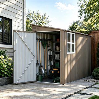4x9 FT Galvanized Steel Storage Shed with Translucent Window, Metal Garden Tool Shed for Backyard & Garden – Olive Gray