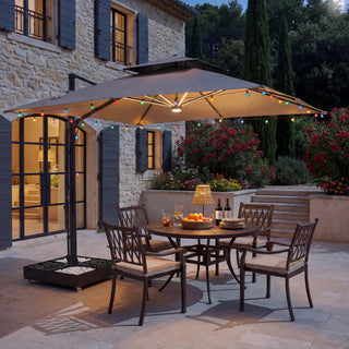 10×10 FT Double Top Aluminum Cantilever Patio Umbrella with LED Lights & Hook – Offset Outdoor Umbrella in Navy Blue/Tan/Gray
