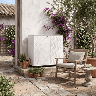 75 Gal. Diamond-Pattern Resin Outdoor Storage Cabinet, Patio & Garden Storage Organizer – White/Black