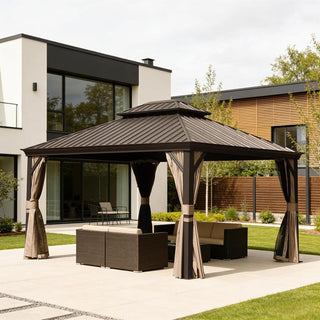 Hardtop Gazebo with Galvanized Steel Double Roof, Metal Gazebos with Drainage System Patio Pergola for Patio Deck Backyard,Curtain and Netting