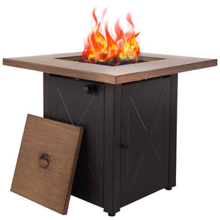50,000 BTU Outdoor Propane Fire Pit Table, ETL Certified Gas Fire Pit with Side Door, Wood-Look Tabletop & X-Shaped Base
