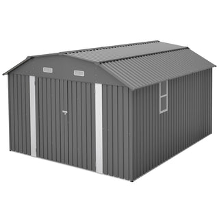 10x12 Ft Heavy-Duty Gray Steel Outdoor Storage Shed with Floor Frame Kit, Rust-Resistant Metal Tool Shed for Garden, Backyard & Patio