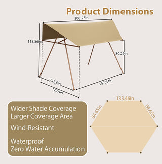 Hexagonal Shade Sail Canopy, 206" x 118" UV Protection UPF50+ Waterproof Patio Sun Shade with Rust-Resistant Poles & Built-in Hooks for Backyard Garden