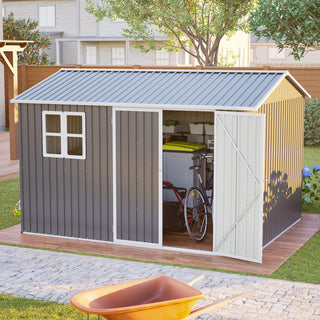 10x8 Ft Oversized Steel Storage Shed with Window, Lockable Double Doors & Sloped Roof, Heavy-Duty Outdoor Garden Tool Shed for Patio, Backyard & Lawn
