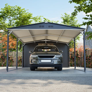 12x23 Ft Heavy-Duty Metal Carport Storage Shed, Steel Garage with Sliding Door, UV-Blocking Panel & Waterproof Sloped Roof for Car, Boat, Tractor & Farm Equipment