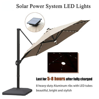 11ft Solar LED Market Umbrella with Base – Outdoor Round Patio Umbrella with Crank & Aluminum Pole