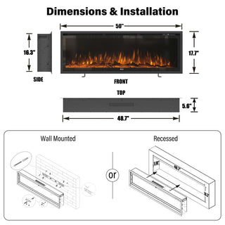 50/60/72-Inch Wall-Mounted & Recessed Electric Fireplace with Overheat Protection, Black
