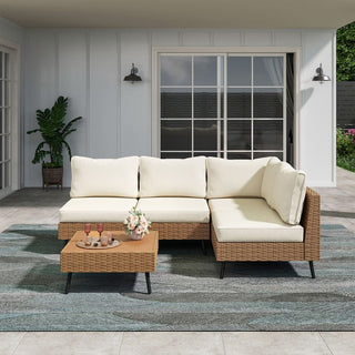 5 Pieces All-Weather PE Wicker Outdoor Sectional Sofa Set, Rattan Patio Conversation Set with Thick Cushions and Coffee Table