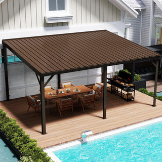 Wall-Mounted Hardtop Lean-to Gazebo with Gutters – Galvanized Steel Roof Outdoor Pergola Canopy
