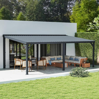 Wall-Mounted Hardtop Lean-to Gazebo with Gutters – Galvanized Steel Roof Outdoor Pergola Canopy