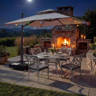 10 FT Square Aluminum Cantilever Patio Umbrella with Hook – Offset Outdoor Umbrella in Navy Blue/Tan/Gray for Patio & Garden