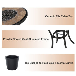 28 Inch Wood Grain Ceramic Top Cast Aluminum Bistro Table with Built-in Ice Bucket Rust Proof Outdoor Patio Table