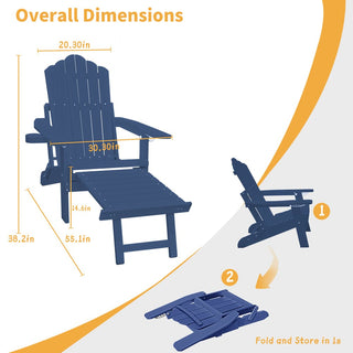 Navy Blue & Black Folding Plastic Adirondack Chair with Pull-Out Ottoman & Cup Holder for Outdoor Patio