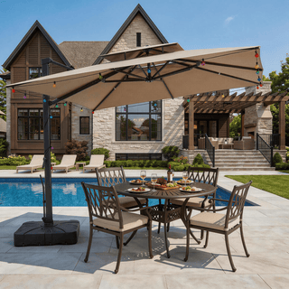 10 FT Square Aluminum Cantilever Patio Umbrella with Hook – Offset Outdoor Umbrella in Navy Blue/Tan/Gray for Patio & Garden