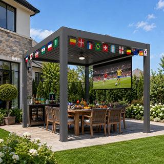 Solar-Powered Aluminum Electric  Louvered Pergola With Ceiling Fan & LED Light