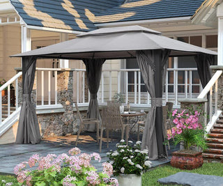 10X14 FT Outdoor Gazebo With Double Roofs, Privacy Curtains, Mosquito Nettings, Heavy Duty Metal Frame Party Tent Canopy