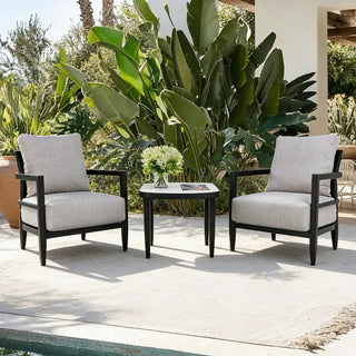 3-Piece Outdoor Aluminum Chat Set – Club Chairs with Sunbrella Cushions & 23.6" Curved Sintered Stone Table