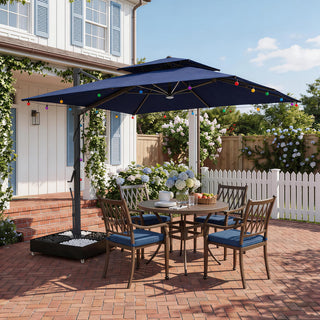 10×10 FT Double Top Aluminum Cantilever Patio Umbrella with LED Lights & Hook – Offset Outdoor Umbrella in Navy Blue/Tan/Gray
