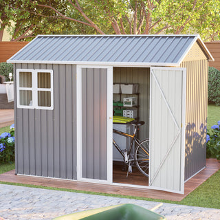 8x6 Ft Heavy-Duty Steel Storage Shed with Window, Lockable Doors & Sloped Roof, Outdoor Garden Tool Shed for Backyard, Patio & Lawn – Dark Gray