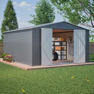 11x13 FT Metal Storage Shed with Reinforced Floor Frame, Large Outdoor Garden Tool Shed with Lockable Doors, 4 Air Vents & Weatherproof Design for Patio & Backyard
