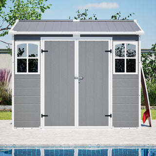 8X6 FT Plastic Outdoor Storage Shed with Floor – Lockable Garden Tool & Trash Bin Storage Shed