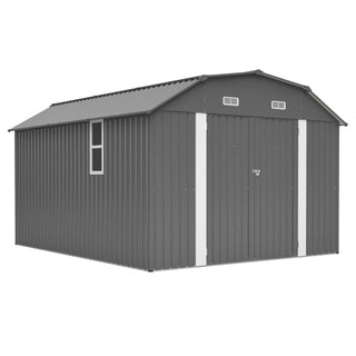 10x12 Ft Heavy-Duty Gray Steel Outdoor Storage Shed with Floor Frame Kit, Rust-Resistant Metal Tool Shed for Garden, Backyard & Patio