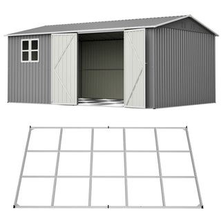 14x10 FT Large Outdoor Metal Storage Shed, 780 Cu. Ft. Garden Tool Shed with Double Doors, Built-In Foundation Frame & Air Vents, Galvanized Steel Sloped Roof for Backyard, Patio & Garden