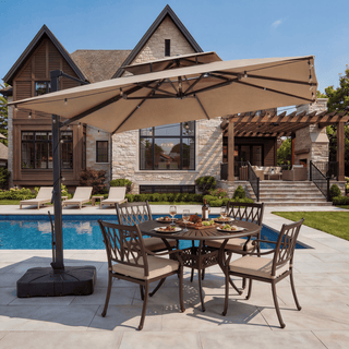 10 FT Square Aluminum Cantilever Patio Umbrella with Hook – Offset Outdoor Umbrella in Navy Blue/Tan/Gray for Patio & Garden
