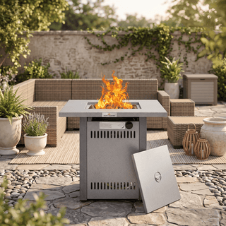 50,000 BTU Outdoor Propane Fire Pit Table, ETL Certified Gas Fire Pit with Side Door, Wood-Look Tabletop & X-Shaped Base