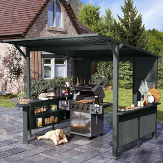 9x10FT Grill Gazebo Hardtop, Metal BBQ Gazebo with Storage Shelves and Expansion Platform, Heavy Duty Grill Canopy with Sloped Roof for Patio