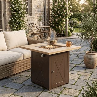 50,000 BTU Outdoor Propane Fire Pit Table, ETL Certified Gas Fire Pit with Side Door, Wood-Look Tabletop & X-Shaped Base