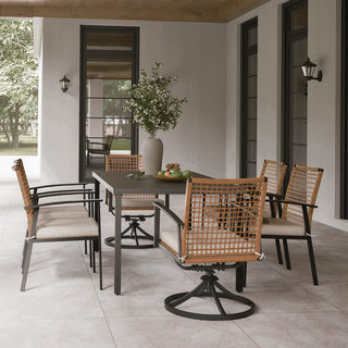 7-Piece Outdoor Patio Dining Set with 6 Wicker Chairs, 2 Swivel Rockers, Cushions & Slatted Table with Umbrella Hole for Backyard