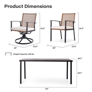 7-Piece Outdoor Patio Dining Set with 6 Wicker Chairs, 2 Swivel Rockers, Cushions & Slatted Table with Umbrella Hole for Backyard