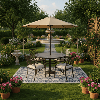 5-Piece Weatherproof Outdoor Furniture Set, Gray Tile Table & Rust-Proof Cast Aluminum Cushioned Chairs