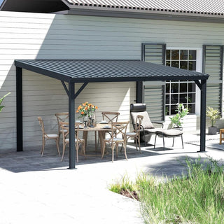 Wall-Mounted Hardtop Lean-to Gazebo with Gutters – Galvanized Steel Roof Outdoor Pergola Canopy