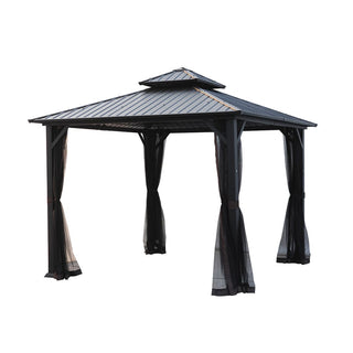 10x10 FT Steel Frame Hardtop Gazebo with Double Roof, Netting & Ceiling Hook for Patio & Backyard