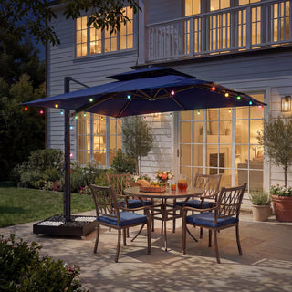 10 FT Square Aluminum Cantilever Patio Umbrella with Hook – Offset Outdoor Umbrella in Navy Blue/Tan/Gray for Patio & Garden