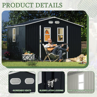 8x10 Ft Outdoor Storage Shed with Protective Coating, 4 Daylight Windows & Lockable Doors, Heavy-Duty Metal Garden Shed, Dual Color Option