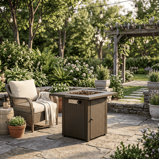 50,000 BTU Outdoor Propane Fire Pit Table, ETL Certified Gas Fire Pit with Side Door, Wood-Look Tabletop & X-Shaped Base