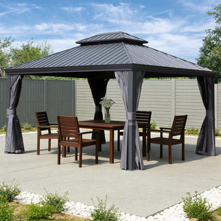 Hardtop Gazebo with Galvanized Steel Double Roof, Metal Gazebos with Drainage System Patio Pergola for Patio Deck Backyard,Curtain and Netting