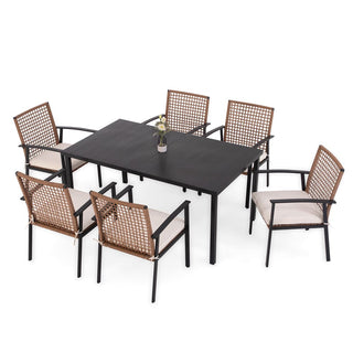 7-Piece Outdoor Patio Dining Set with 6 Cushioned Chairs and Slatted Metal Table with Umbrella Hole for Backyard, Garden & Poolside