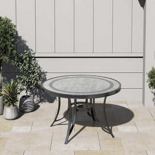 48" Round Cast Aluminum Outdoor Dining Table with Ceramic Tile Top & Umbrella Hole – Classic Patio Table for Garden & Porch