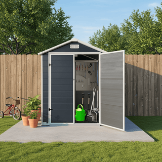 6x6 / 6x4 FT Resin Outdoor Storage Shed with Floor, Lockable Door, Weatherproof Plastic Garden Shed for Backyard & Lawn