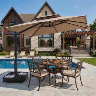 10 FT Square Aluminum Cantilever Patio Umbrella with Hook – Offset Outdoor Umbrella in Navy Blue/Tan/Gray for Patio & Garden
