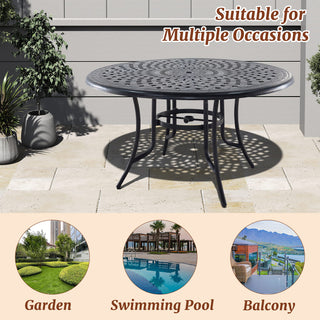 51" Round Cast Aluminum Outdoor Dining Table with Umbrella Hole – Patio Table for Porch & Backyard